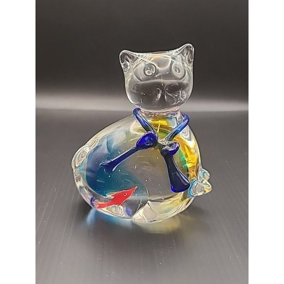 Vintage Clear‎ And Swirl Glass Cat Gold Fish Bowl Blue Paperweight Figure  4 In - Picture 1 of 10